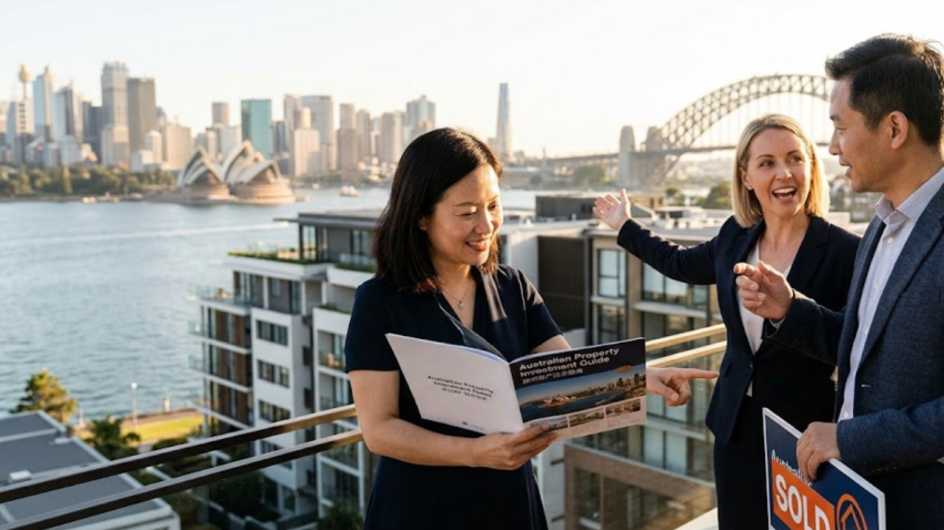 Sydney Opera House and harbor with real estate documents