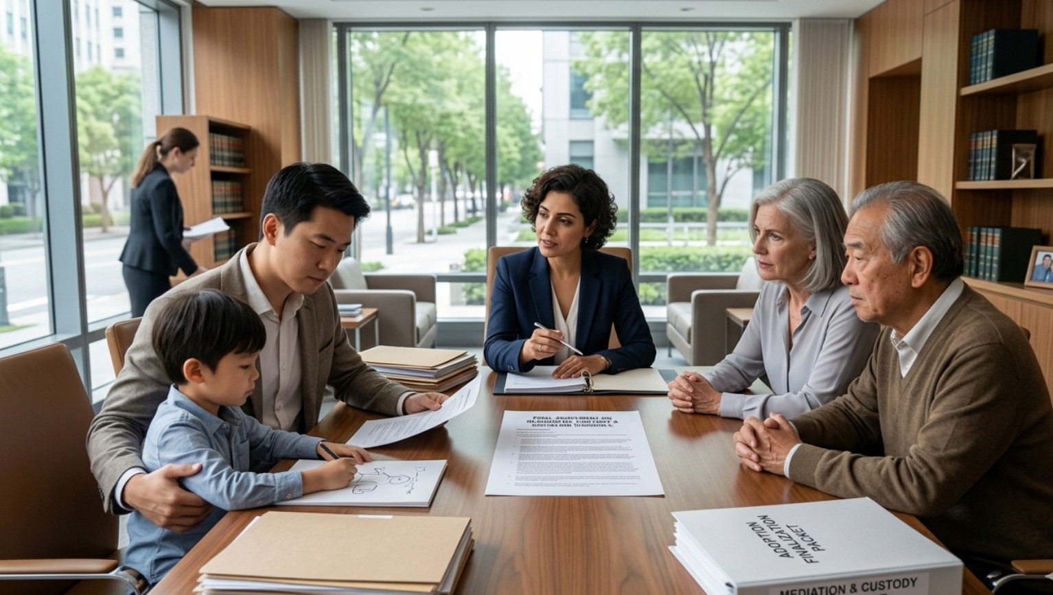 Chinese family reunion visa documents and immigration application files on a professional law office desk