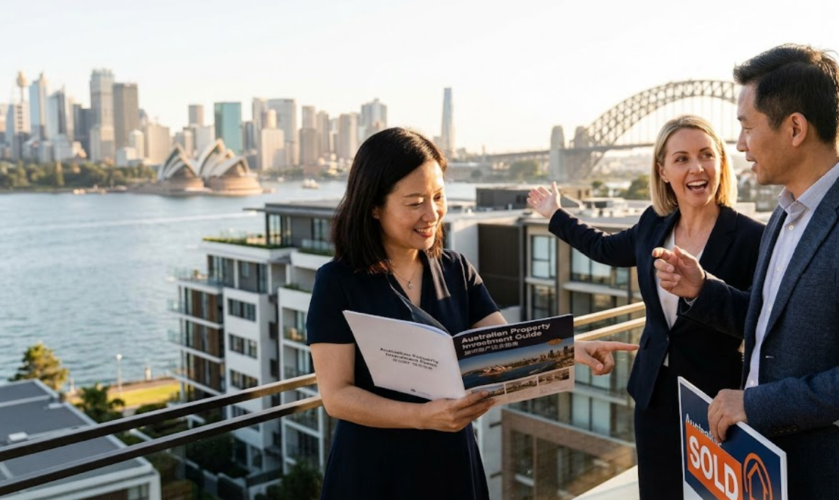 Sydney Opera House and harbor with real estate documents