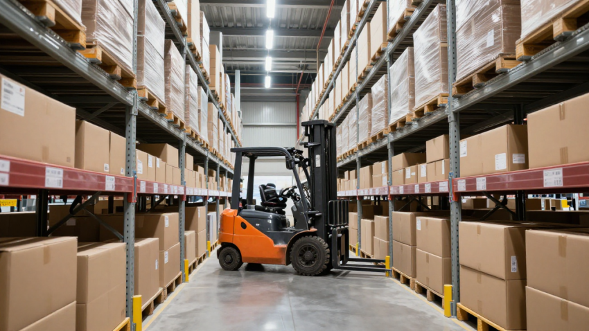 Modern logistics warehouse interior with organized storage aisles