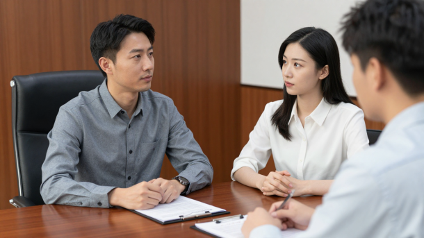 Chinese couple in law office for divorce consultation