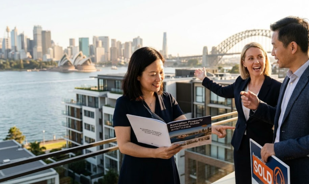 Sydney Opera House and harbor with real estate documents